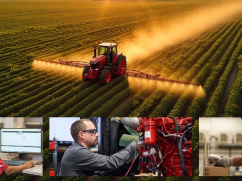 Modern Tractor Spraying Rural Farmland , drone shot